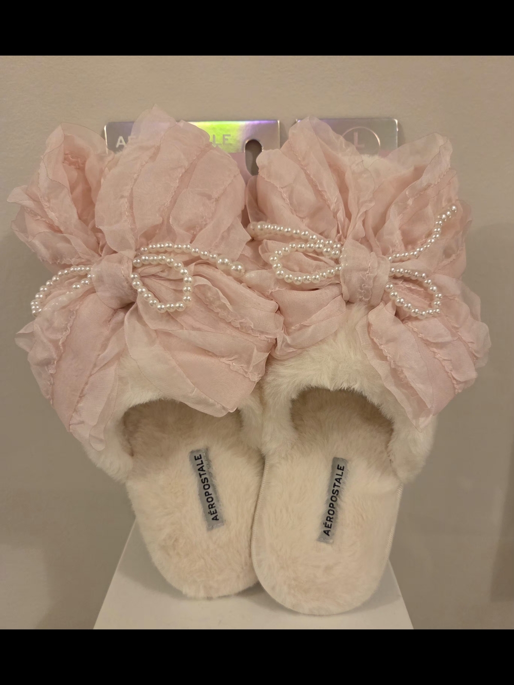 Aeropostale Light Pink Bow Pearl-Trim Fuzzy Slide Slippers